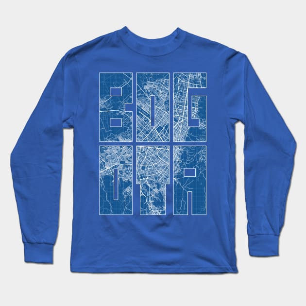 Bogota, Colombia City Map Typography - Blueprint Long Sleeve T-Shirt by deMAP Studio